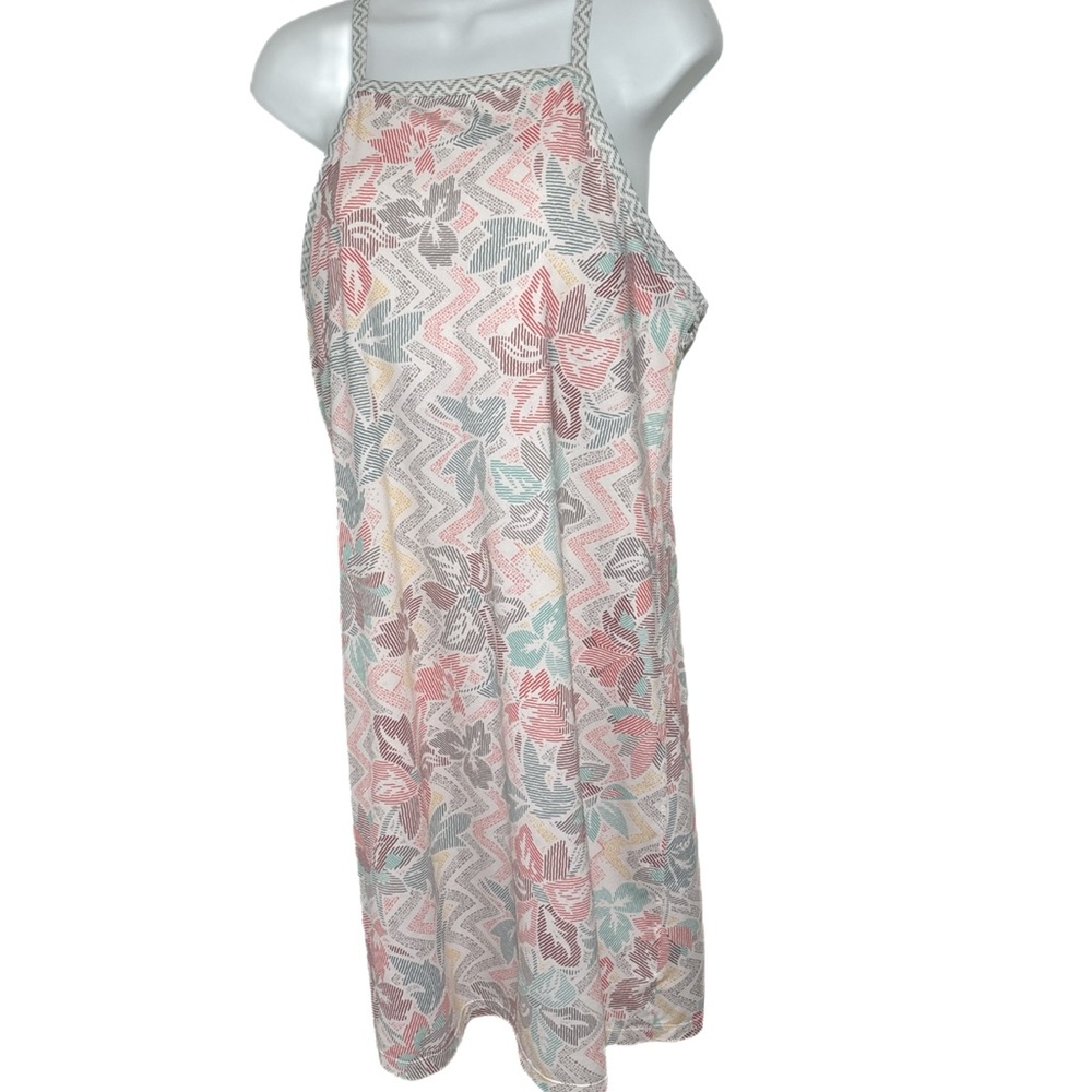 Prana Ardor Horchata Built in Bra Midi Floral Dress Cream Pink Teal Gray Size M